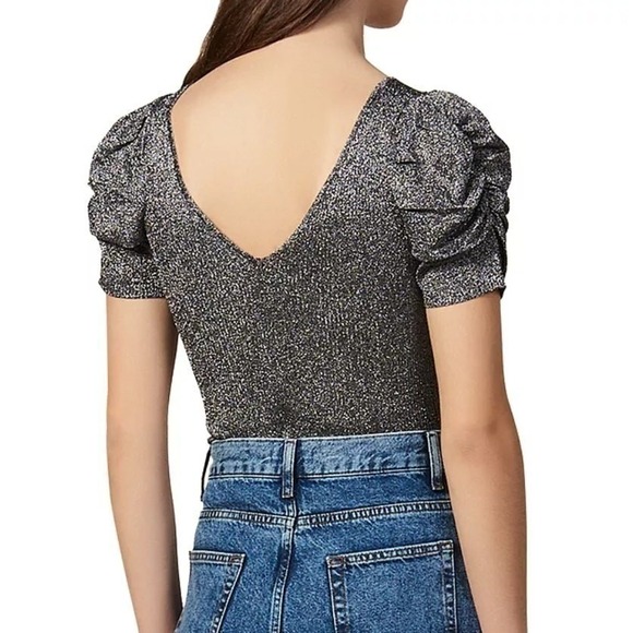 Sandro Metallic Puffed Sleeve Stretch Knit Top Silver Women Small Chic Dressy - Picture 2 of 12